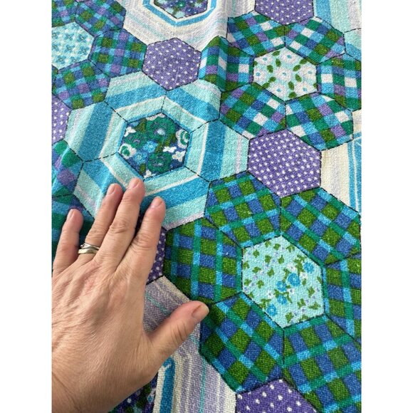 Vintage 70s curtain, blue, green purple faux patchwork, abstract floral panel - Picture 5 of 9